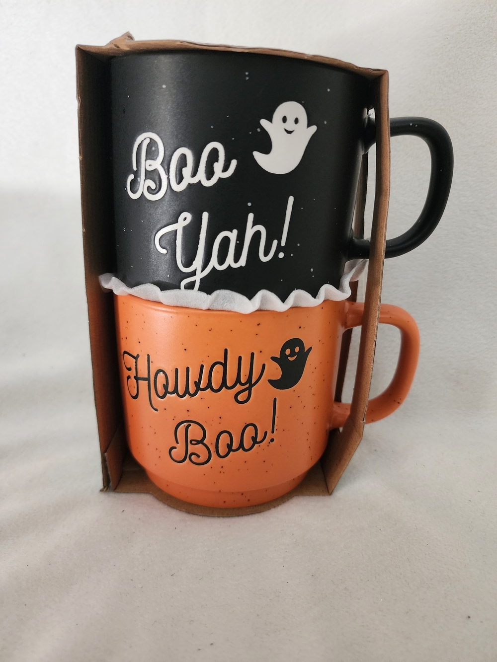 Halloween Ceramic Mug Set - Black & Orange Ghost Design